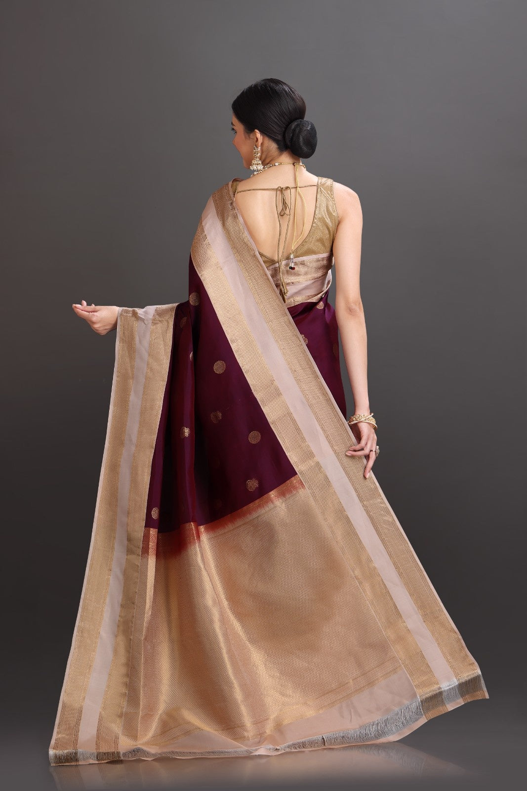 Woman wearing a traditional saree with a plain background