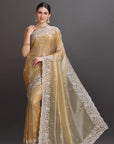 Gold Organza Crepe Pearl Embroidered Saree