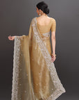 Gold Organza Crepe Pearl Embroidered Saree