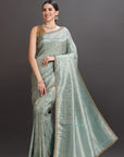 Sea blue Crepe Tissue Brocade Embroidered Saree