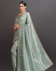 Sea blue Crepe Tissue Brocade Embroidered Saree