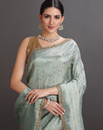 Sea blue Crepe Tissue Brocade Embroidered Saree