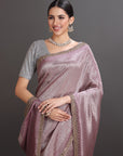 Onion Pink Crepe Tissue Brocade Embroidered Saree
