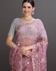 Pink Organza Embroidered Saree