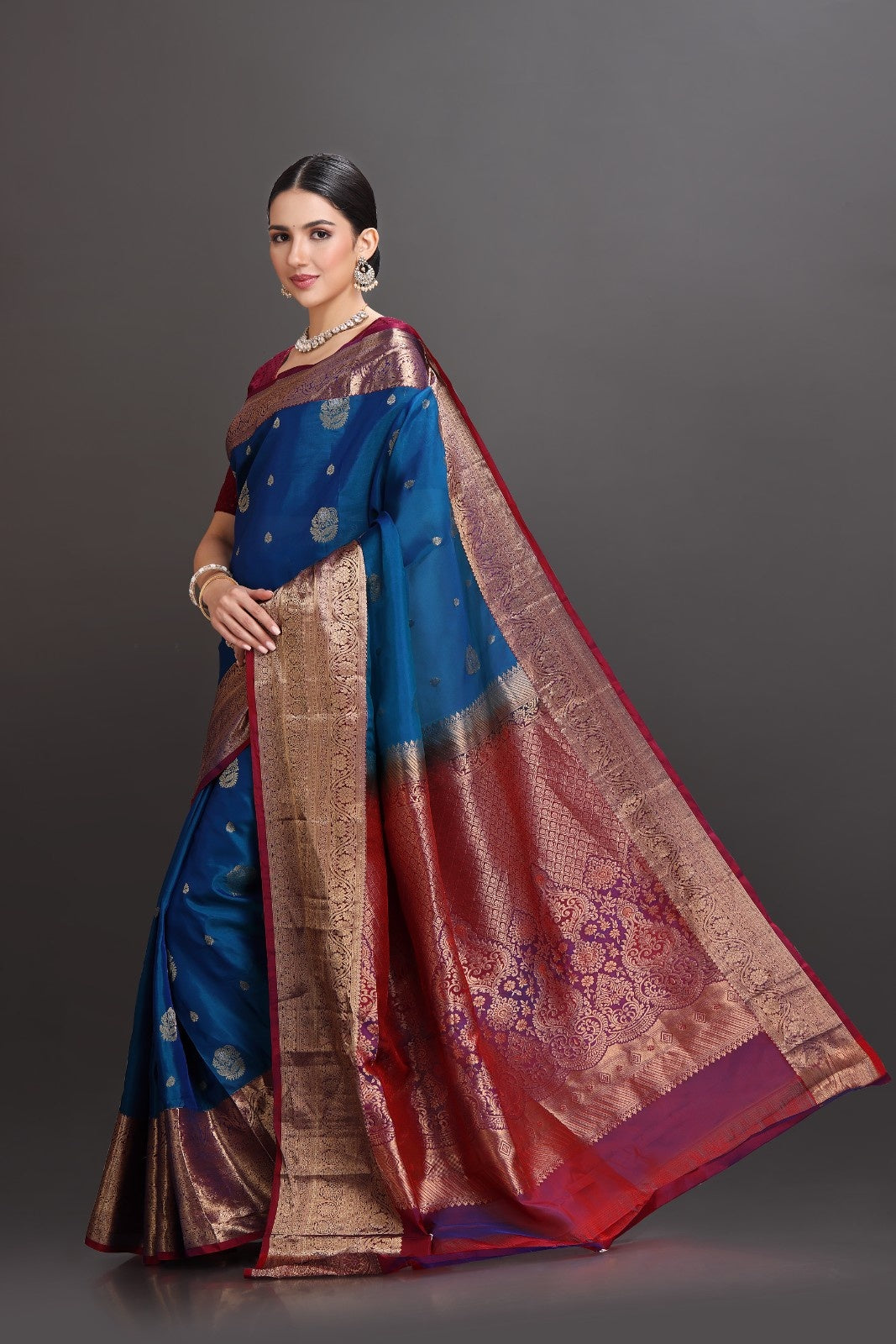 Woman wearing a traditional saree with a blue and red pattern on a gray background