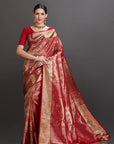 Woman wearing a red and gold saree on a gray background