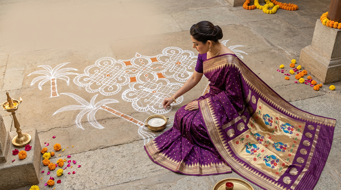 A woman in a purple and gold saree sits on a stone floor, applying white powder to create a decorative Rangoli design. The scene includes traditional Indian decor, flower petals, and a brass lamp.