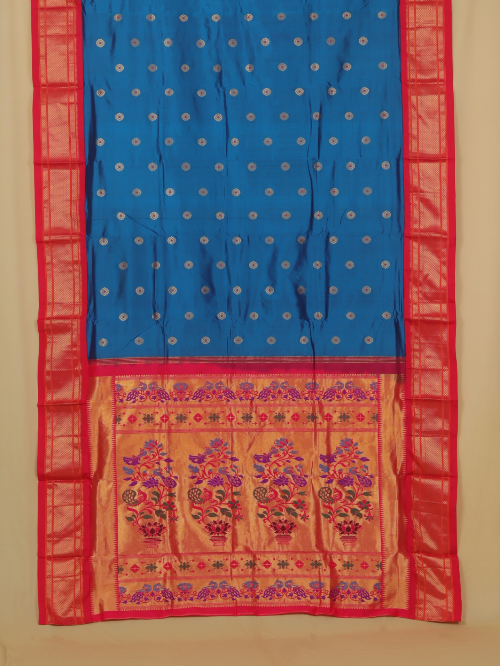 Dark two tone peacock blue silk paithani saree