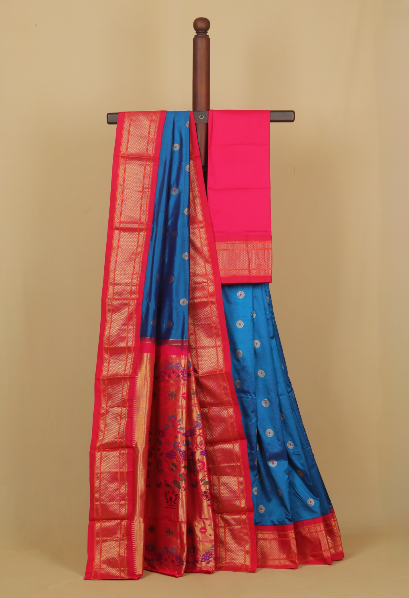Dark two tone peacock blue silk paithani saree