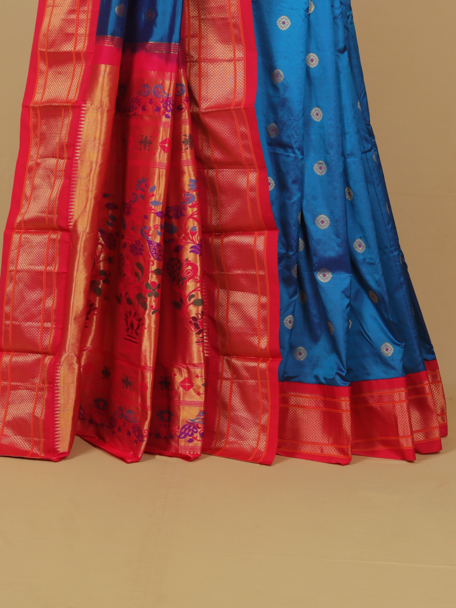 Dark two tone peacock blue silk paithani saree
