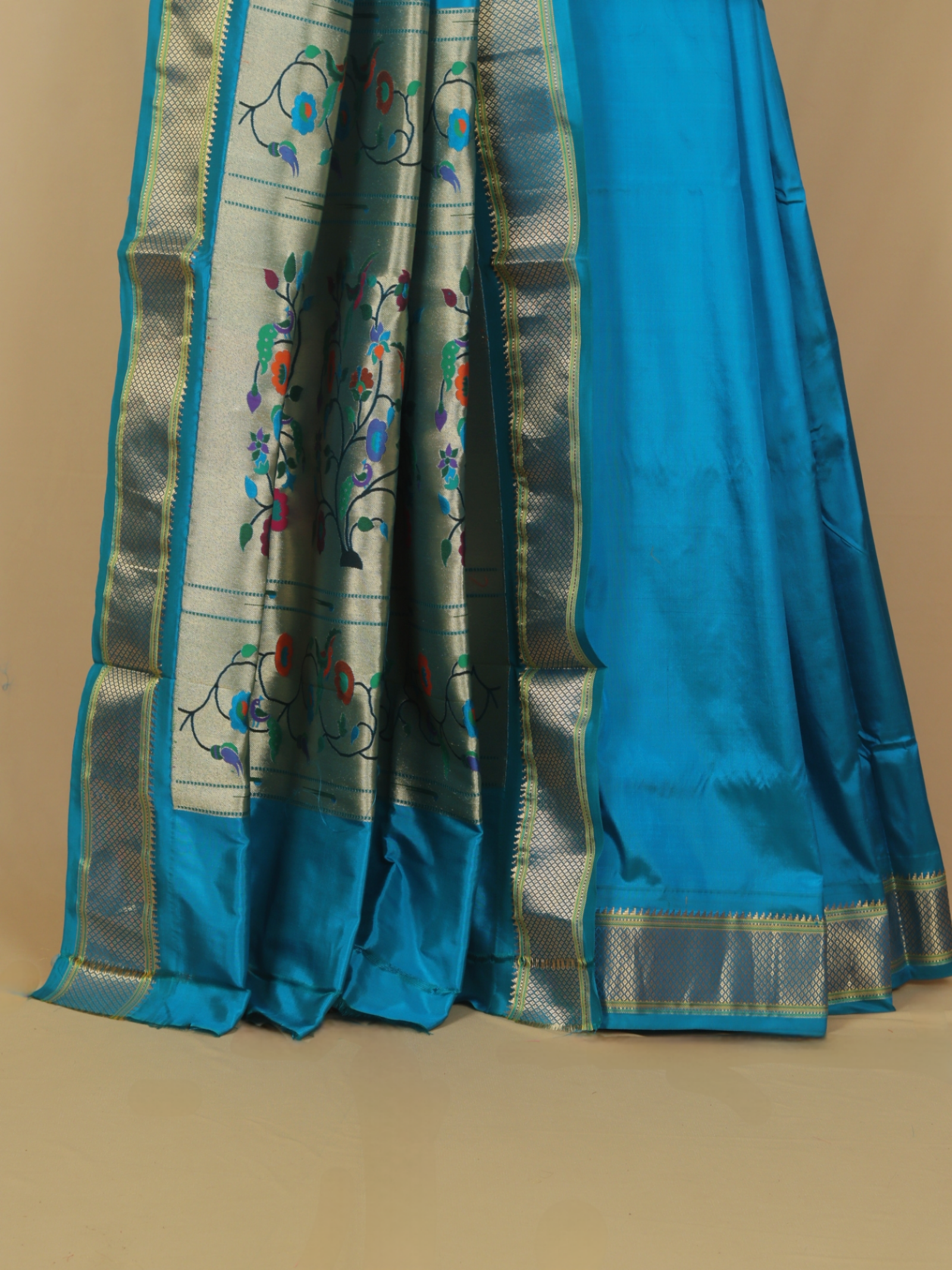 Peacock blue silk paithani saree