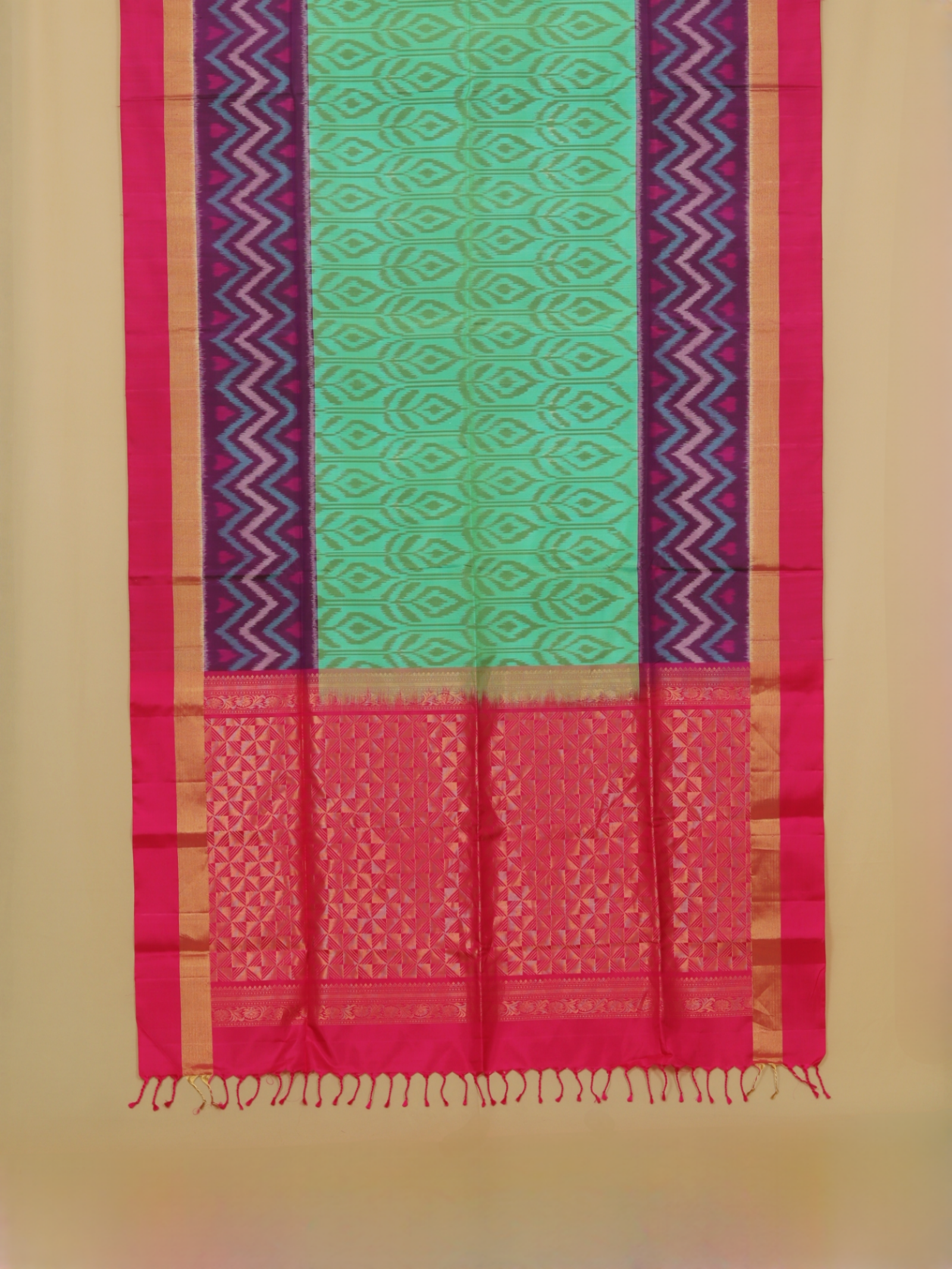 Two tone sea green ikkat soft silk handwoven kanjivaram saree
