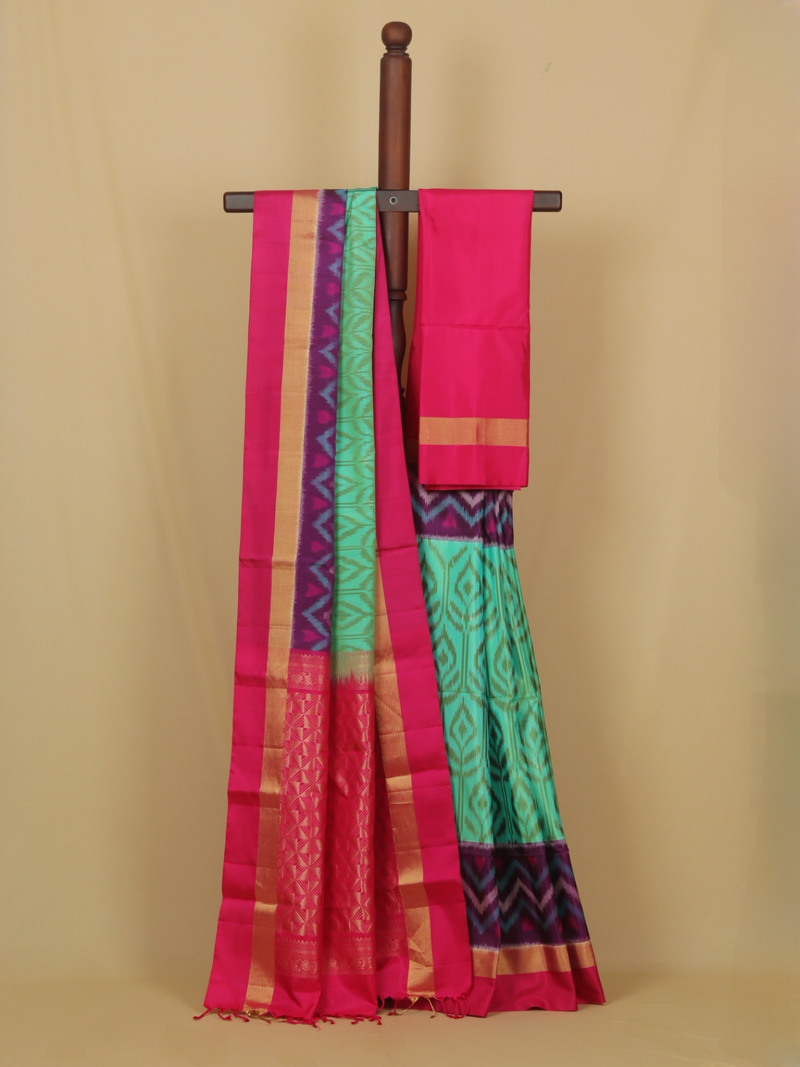 Two tone sea green ikkat soft silk handwoven kanjivaram saree
