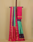 Two tone sea green ikkat soft silk handwoven kanjivaram saree