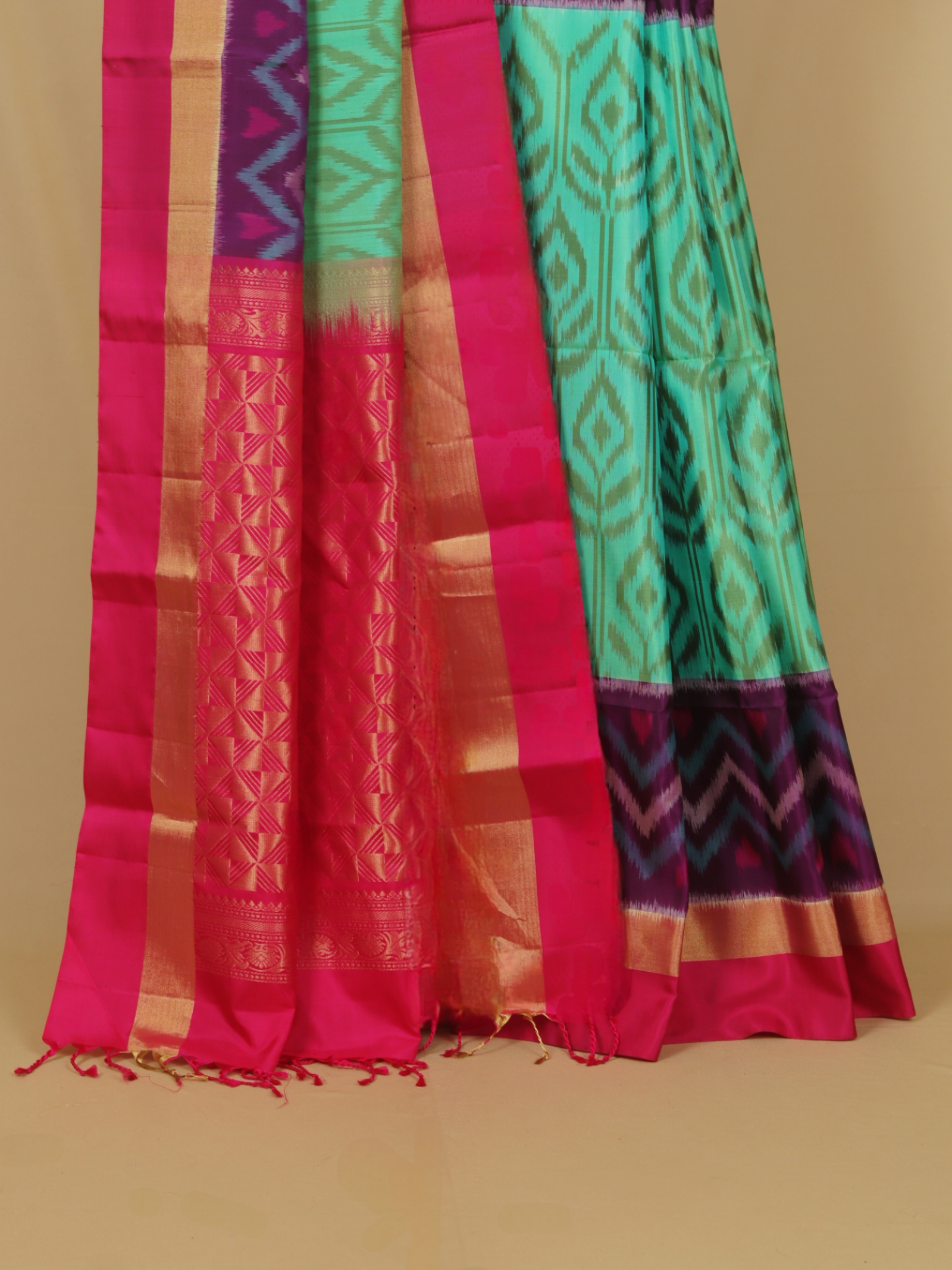 Two tone sea green ikkat soft silk handwoven kanjivaram saree