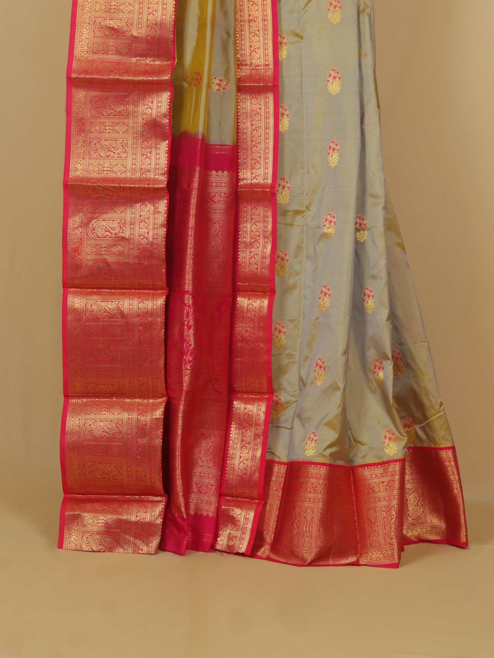 Two tone cream pista silk kanjivaram saree
