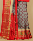 Cement grey Ikkat soft silk handwoven kanjivaram saree