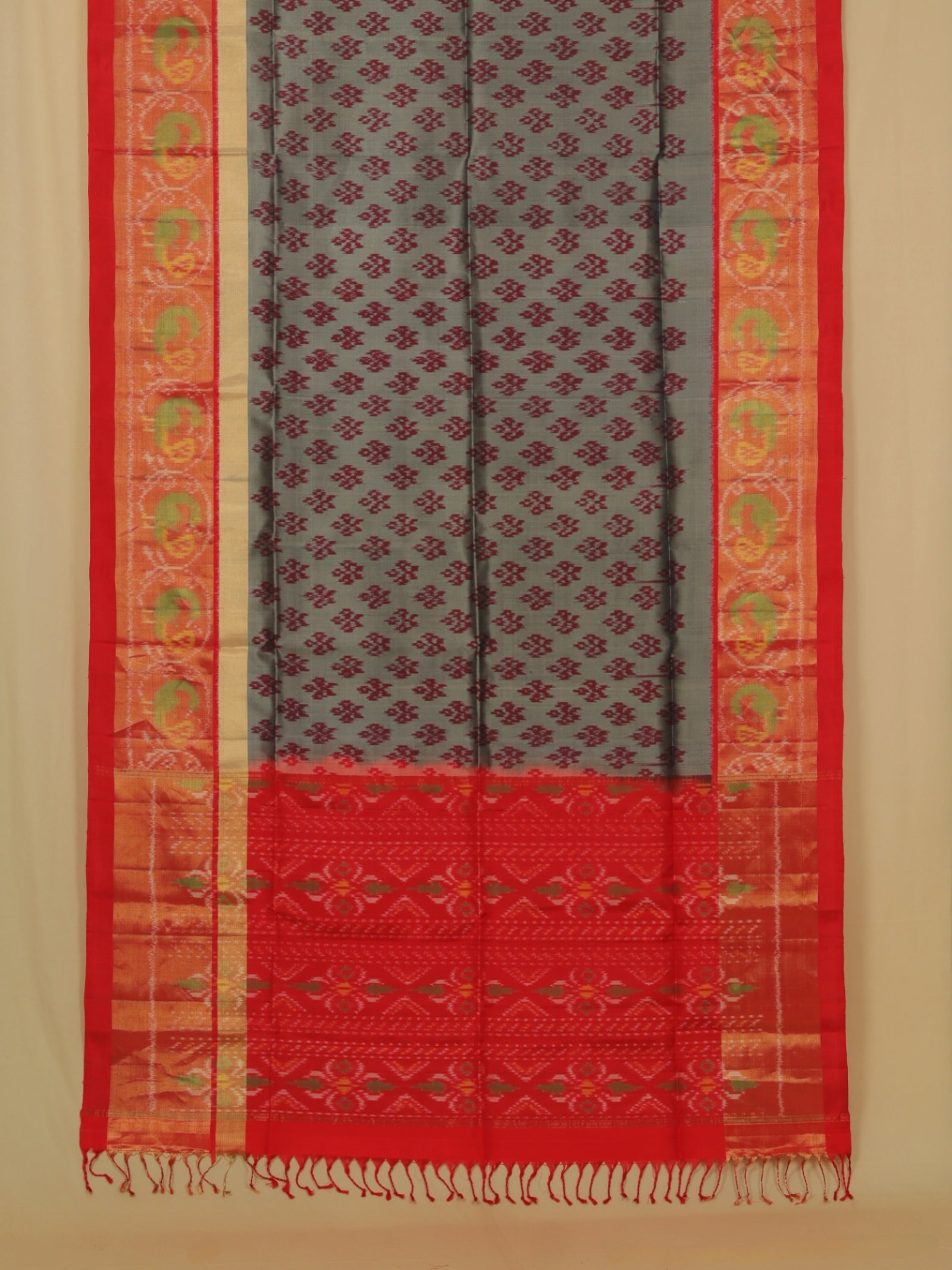 Cement grey Ikkat soft silk handwoven kanjivaram saree