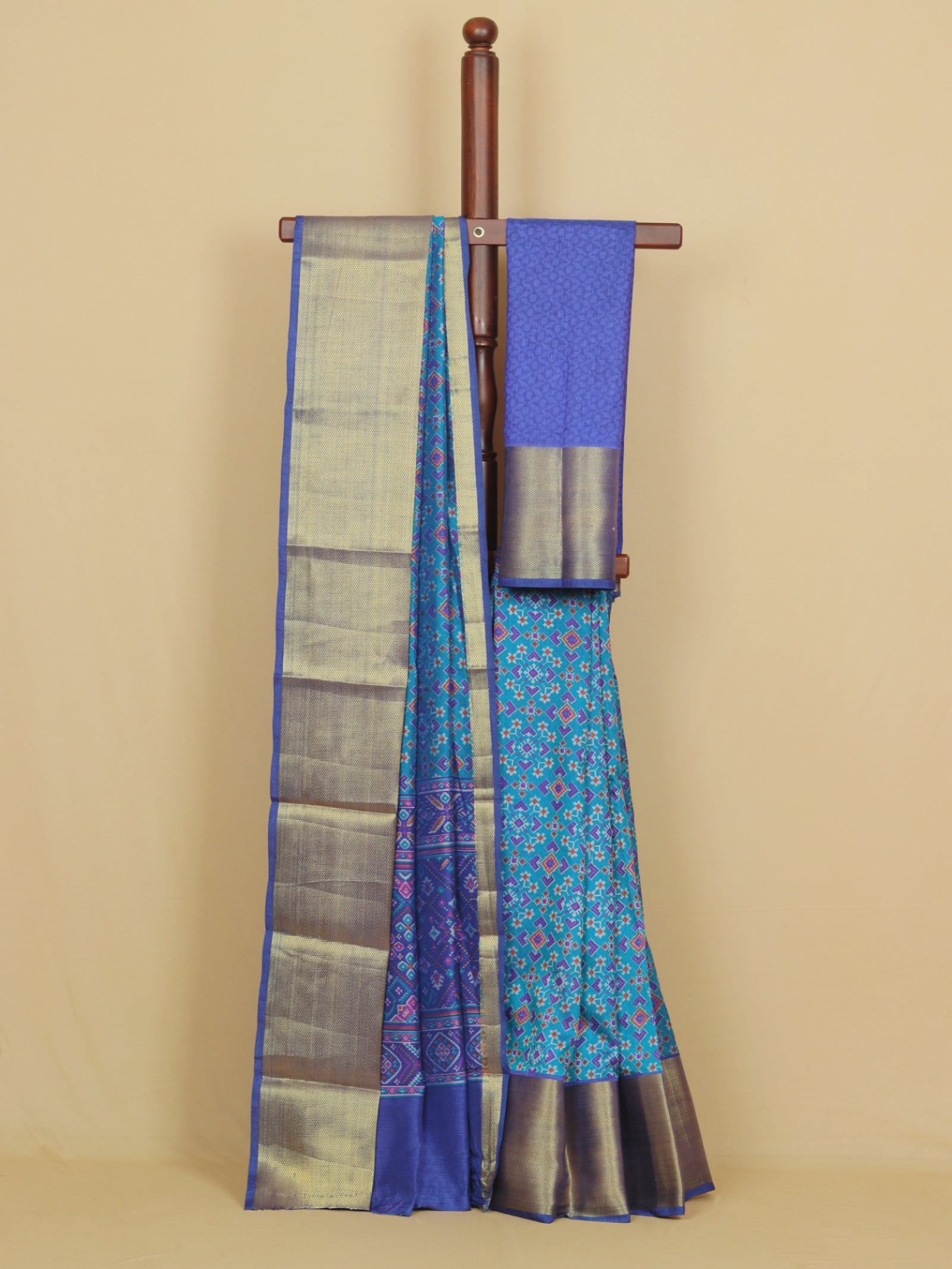 Peacock blue ikkat printed saree