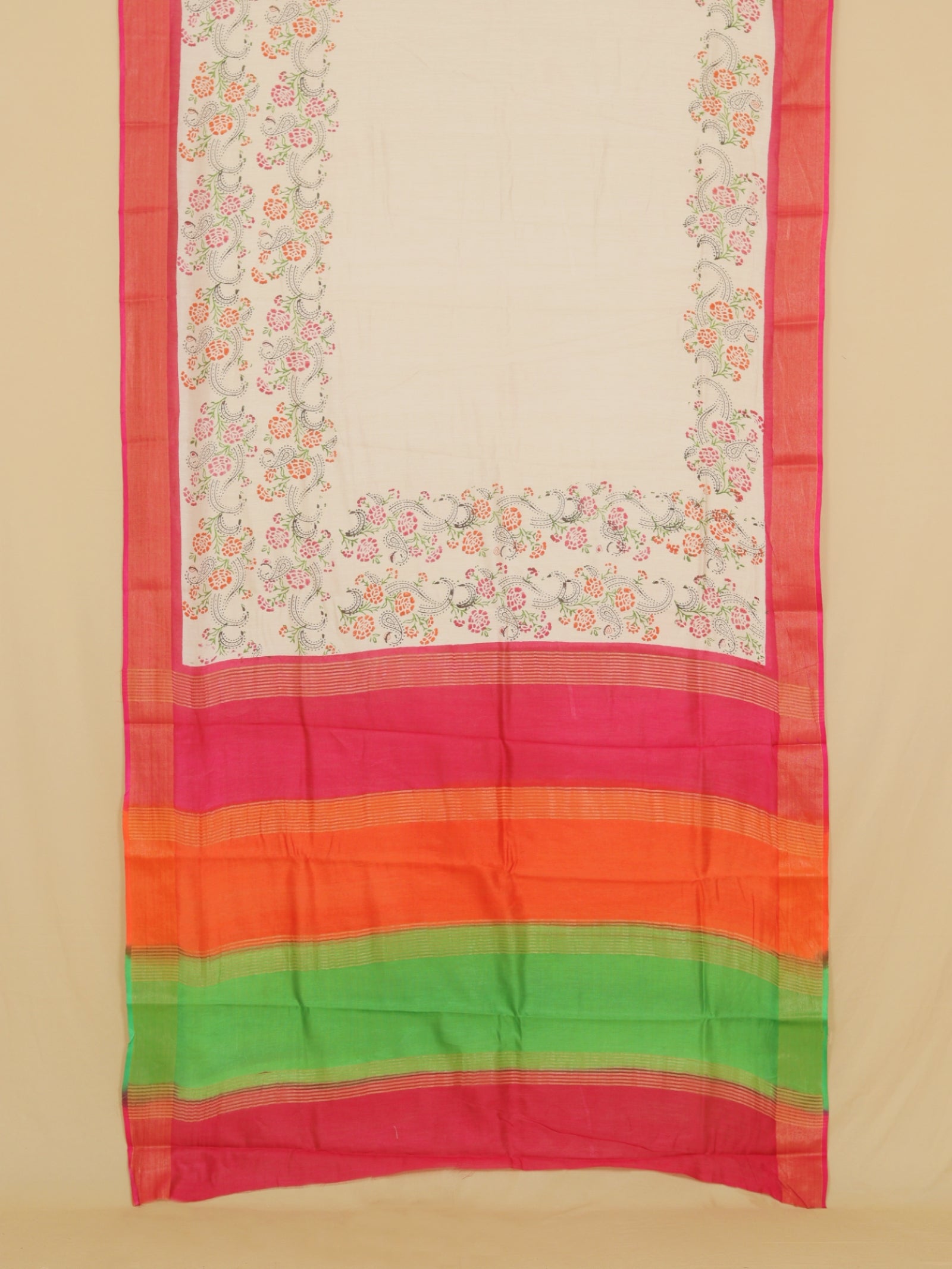 Cream multi color block printed cotton chanderi saree