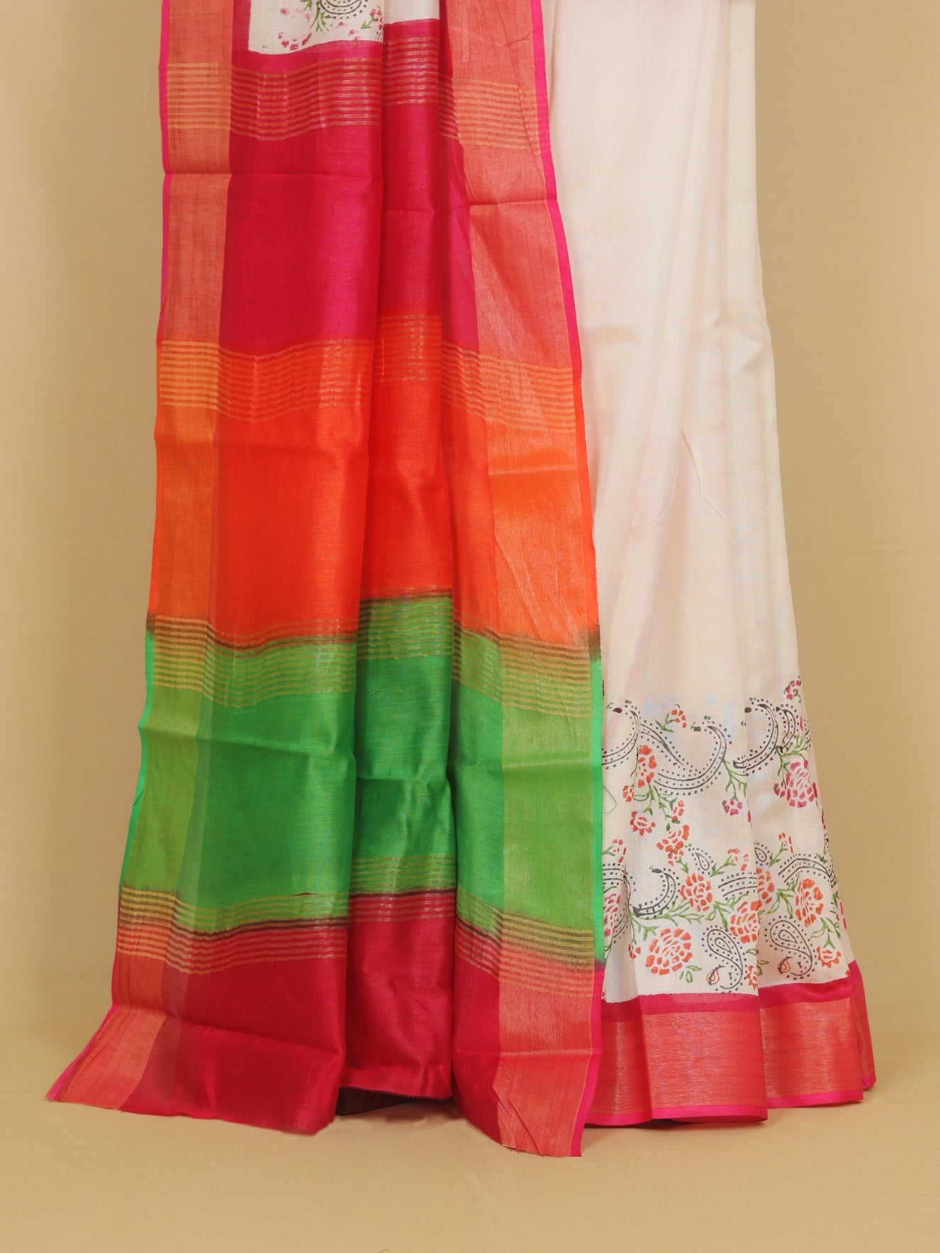 Cream multi color block printed cotton chanderi saree