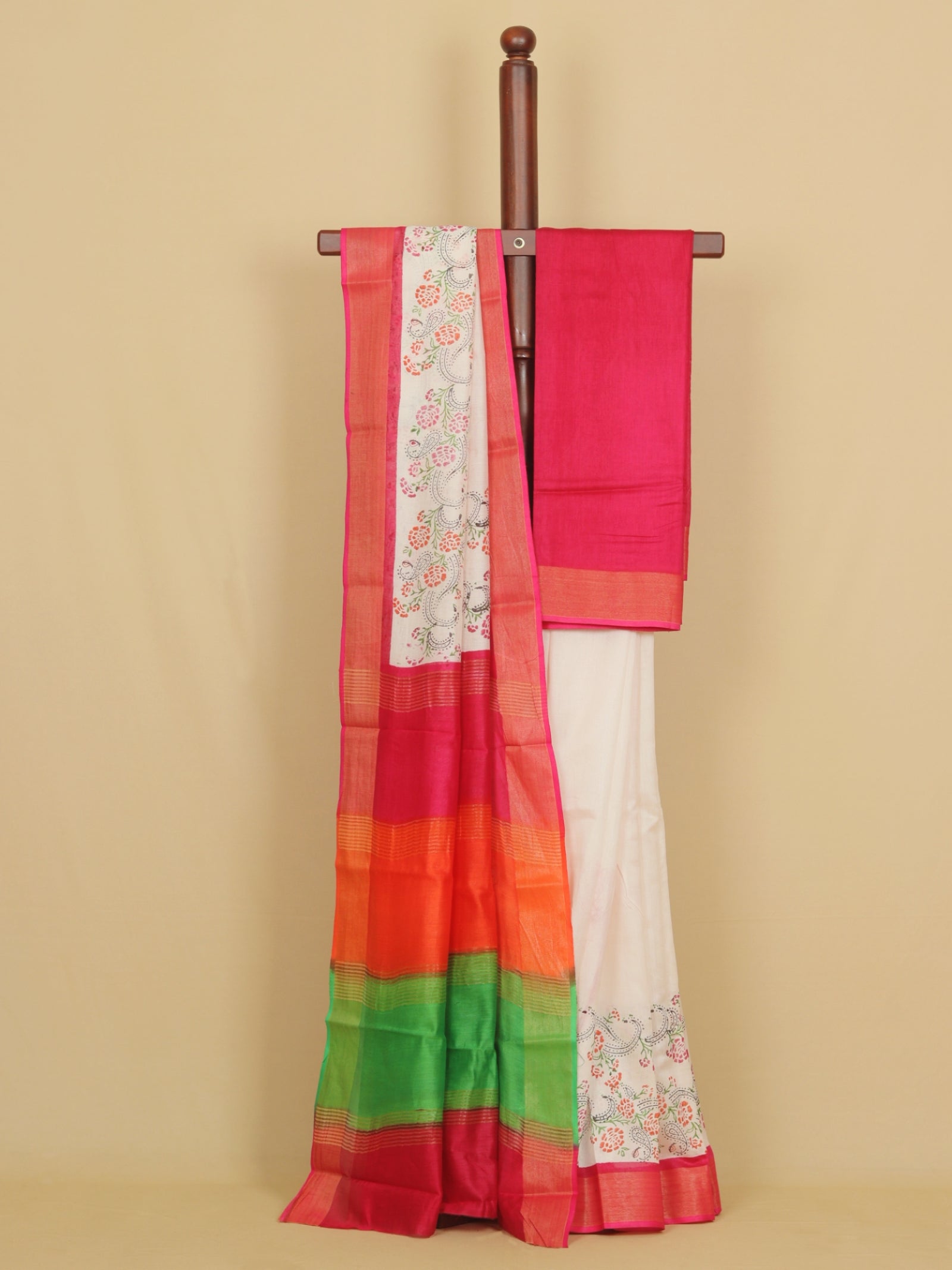 Cream multi color block printed cotton chanderi saree