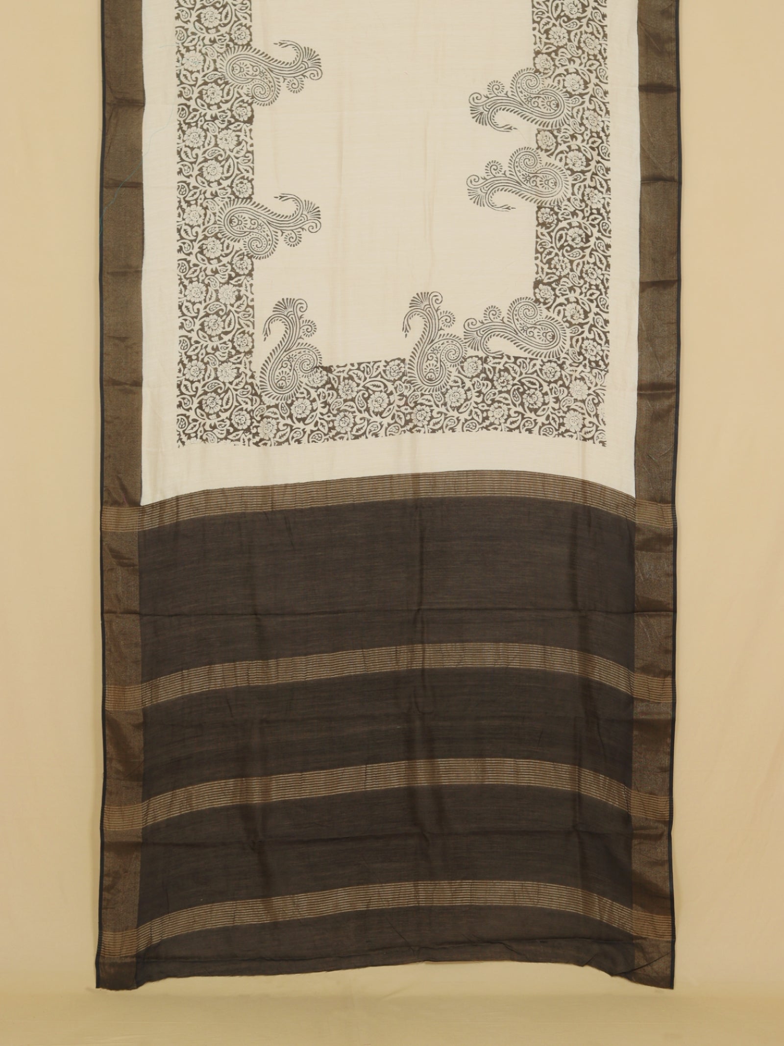 Cream block printed cotton chanderi saree