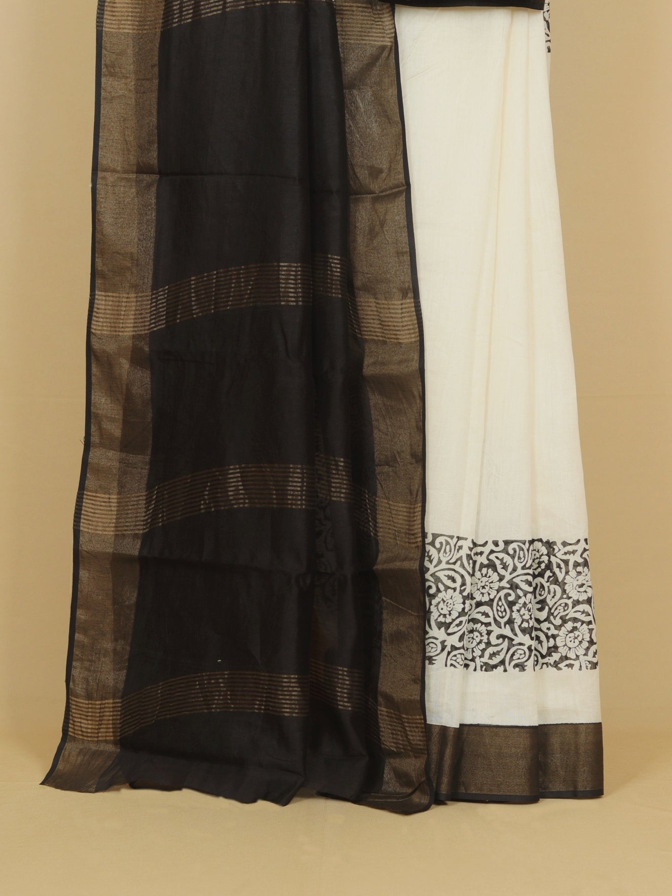 Cream block printed cotton chanderi saree
