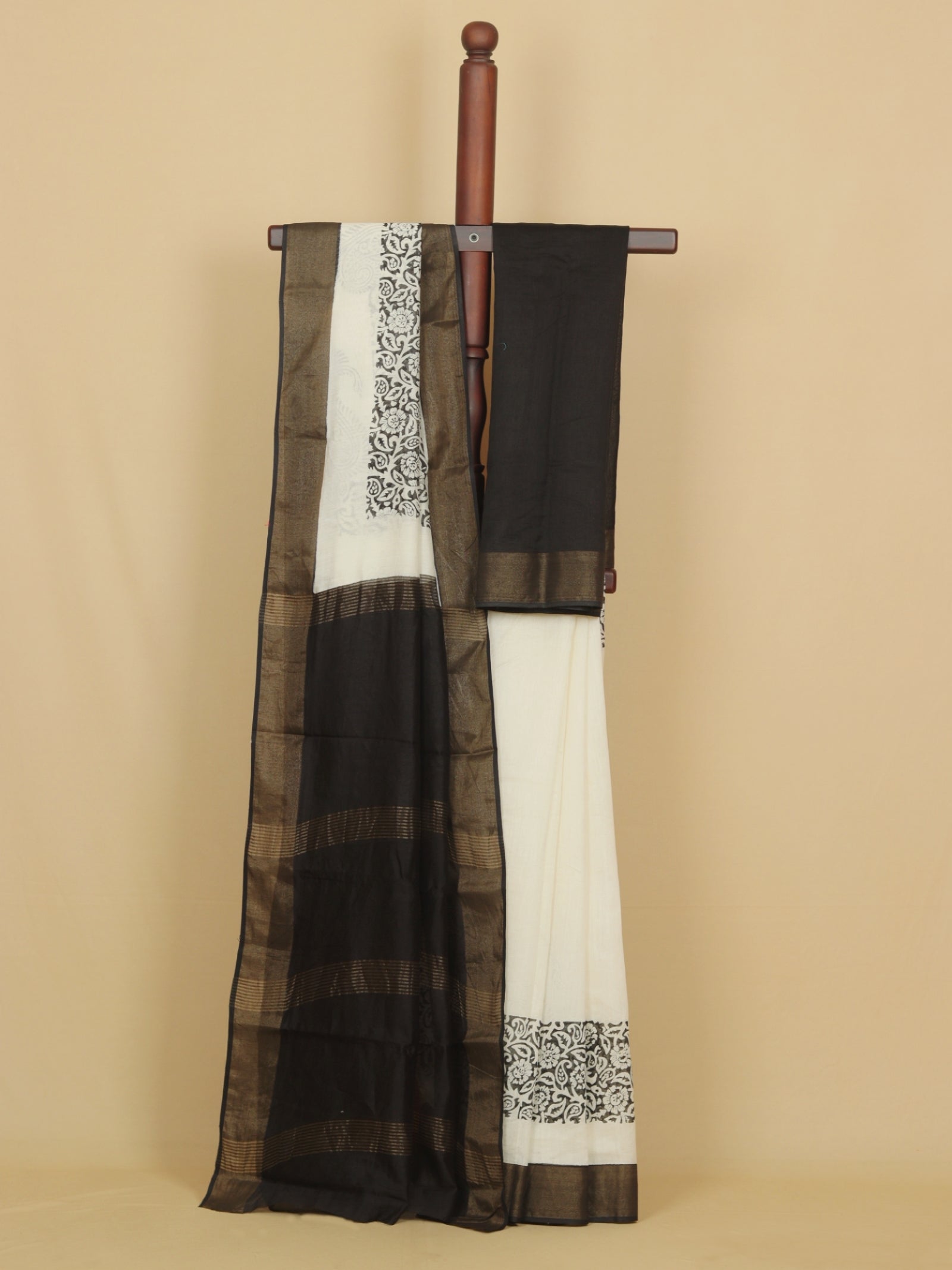 Cream block printed cotton chanderi saree