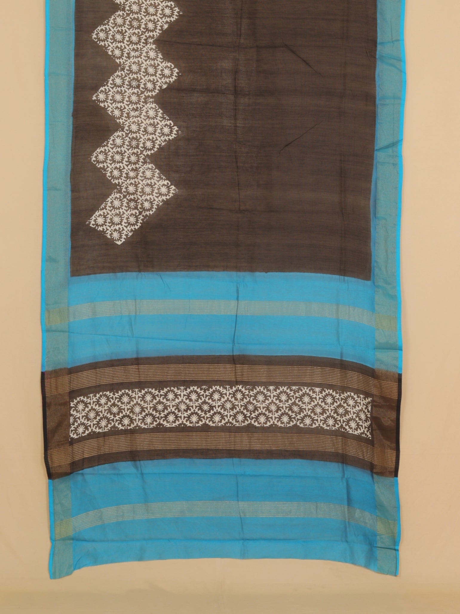 Black block printed cotton chanderi saree