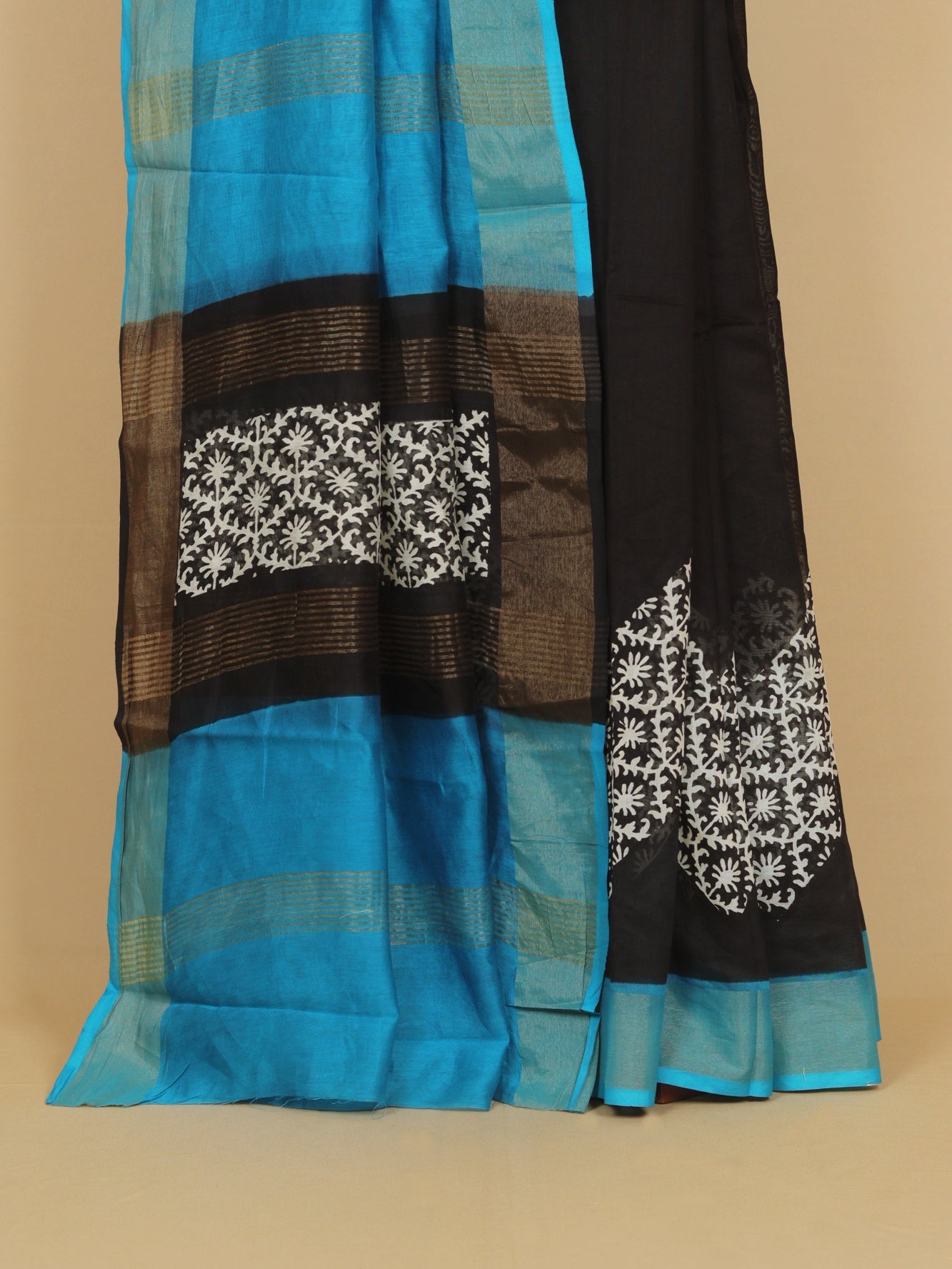 Black block printed cotton chanderi saree