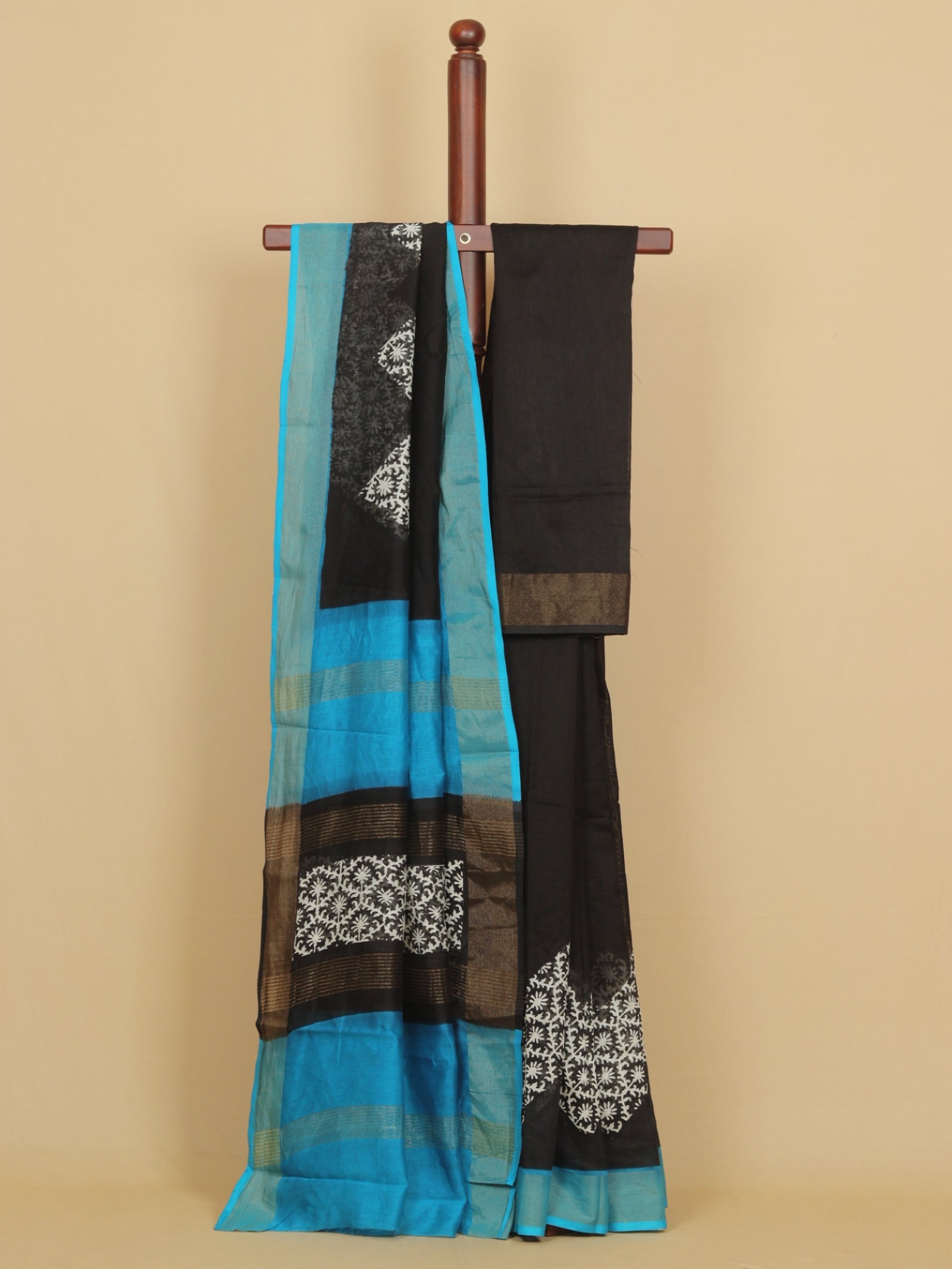 Black block printed cotton chanderi saree