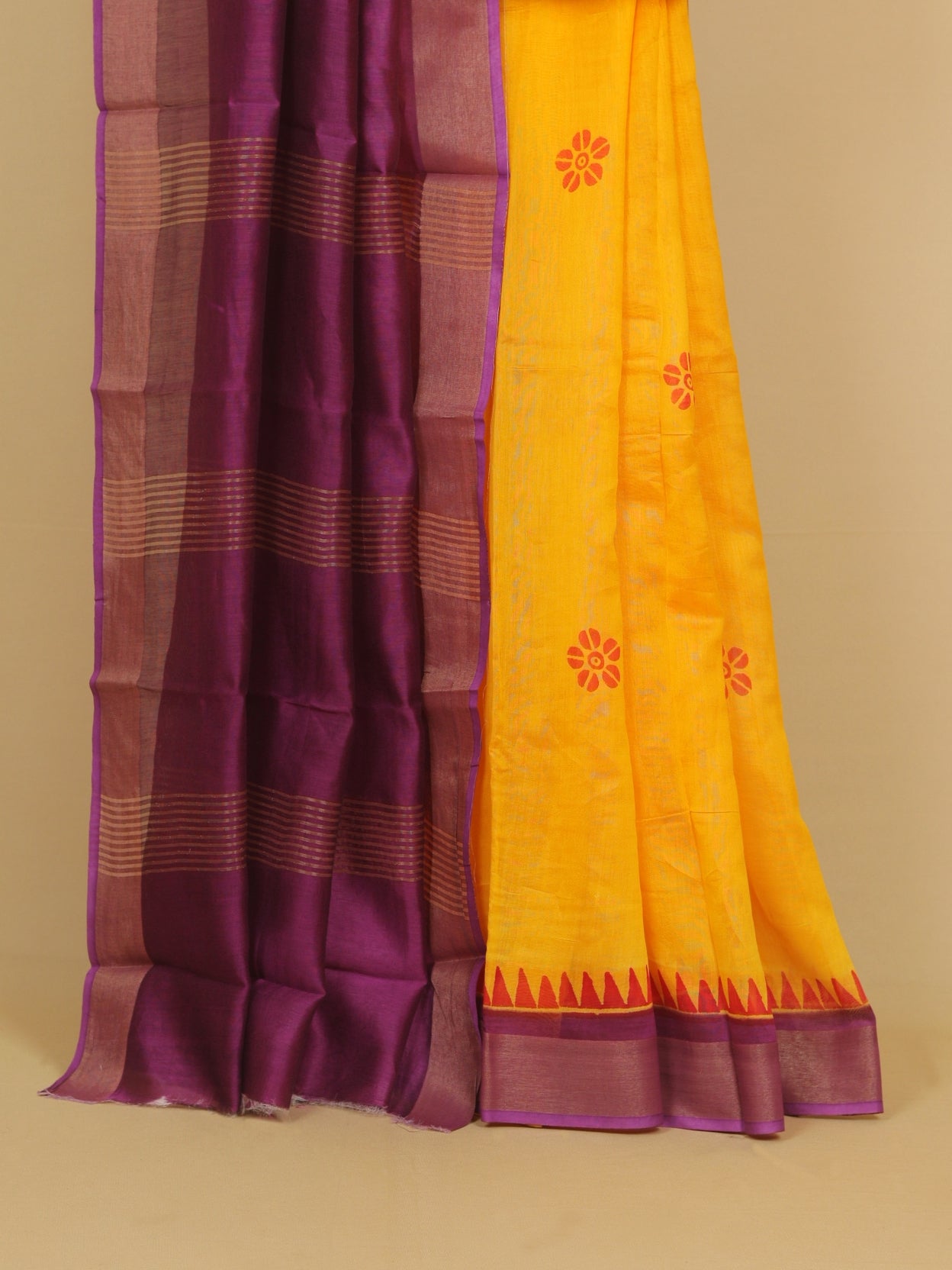 Mango yellow block printed cotton chanderi saree