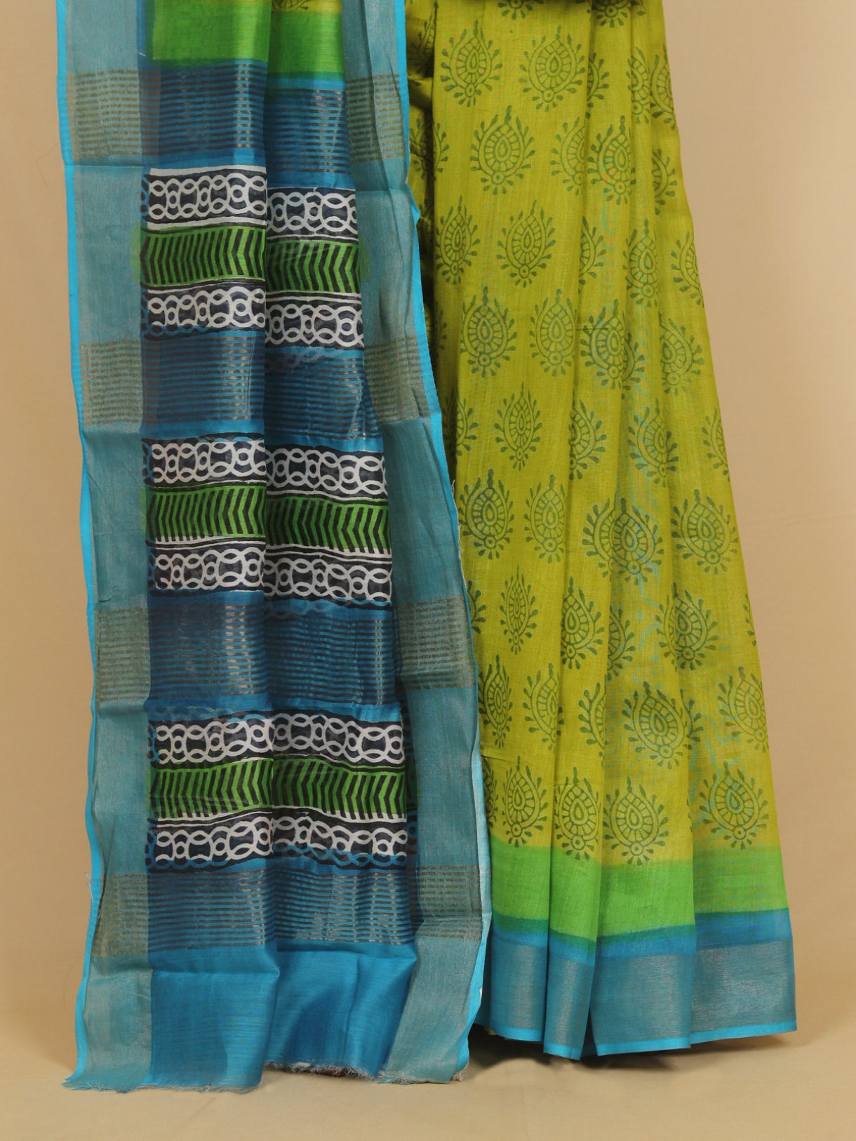 Mahendi block printed cotton chanderi saree