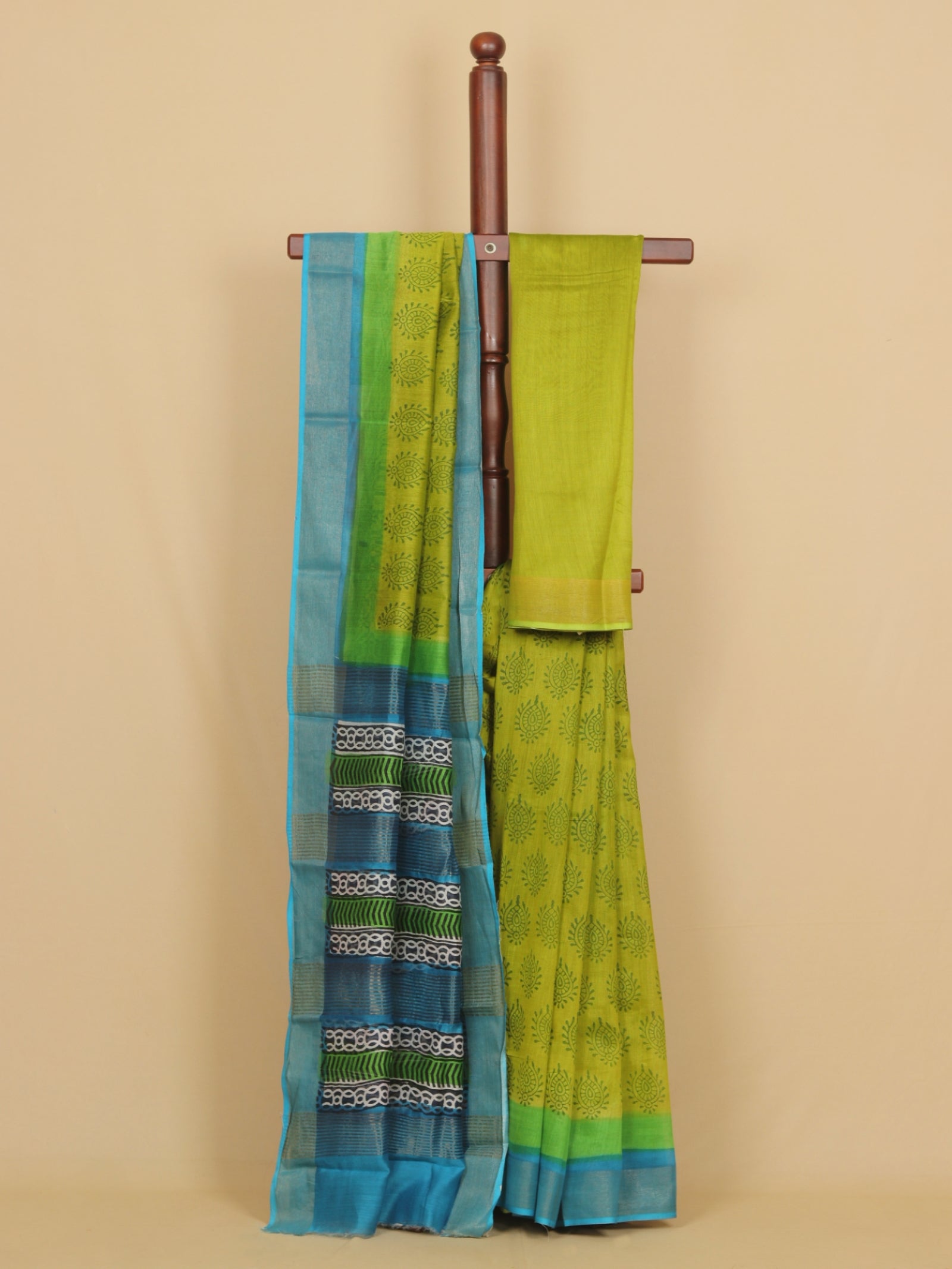 Mahendi block printed cotton chanderi saree