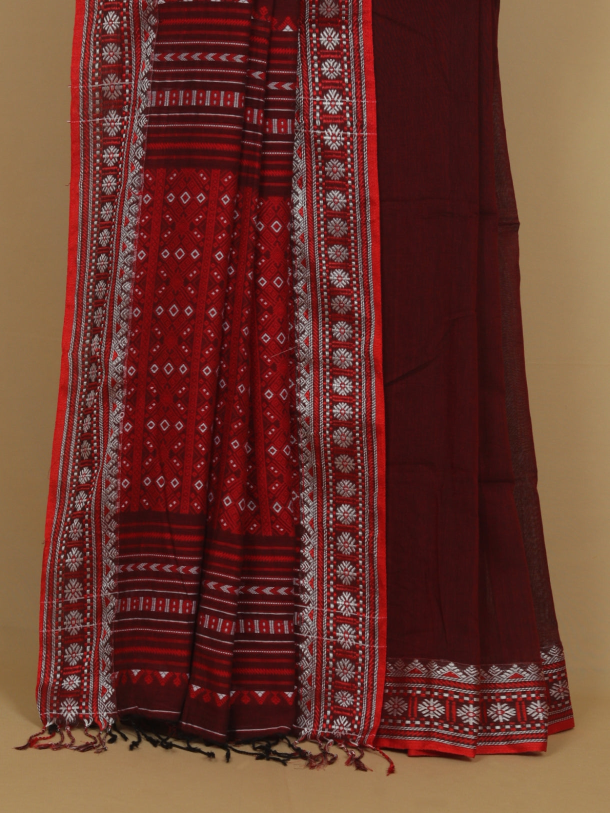 Dark maroon assam cotton saree
