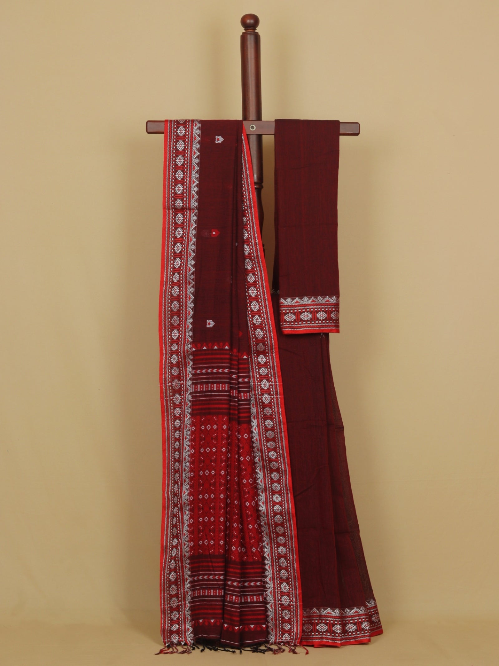 Dark maroon assam cotton saree