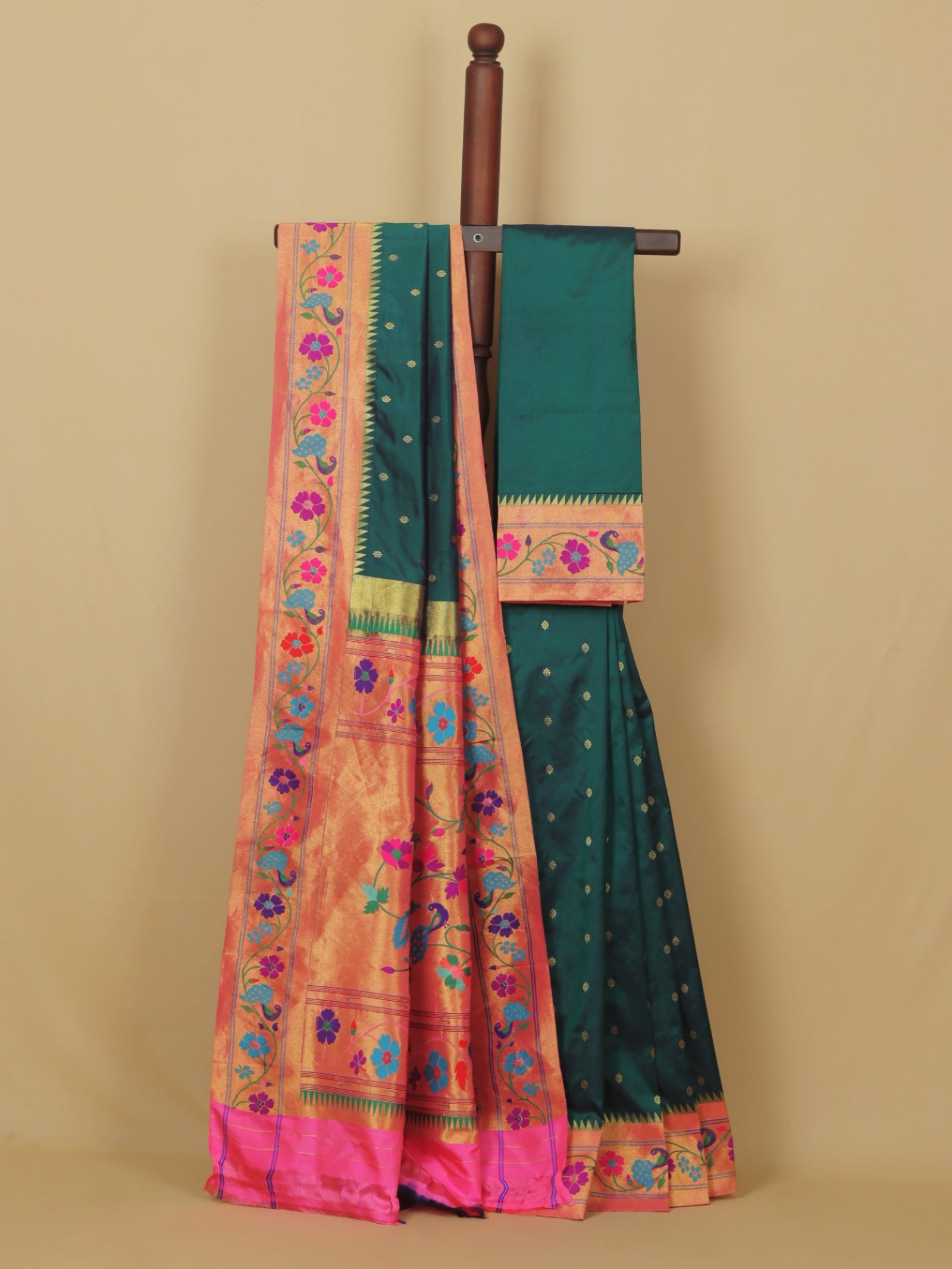 Emerald green fancy border paithani silk saree