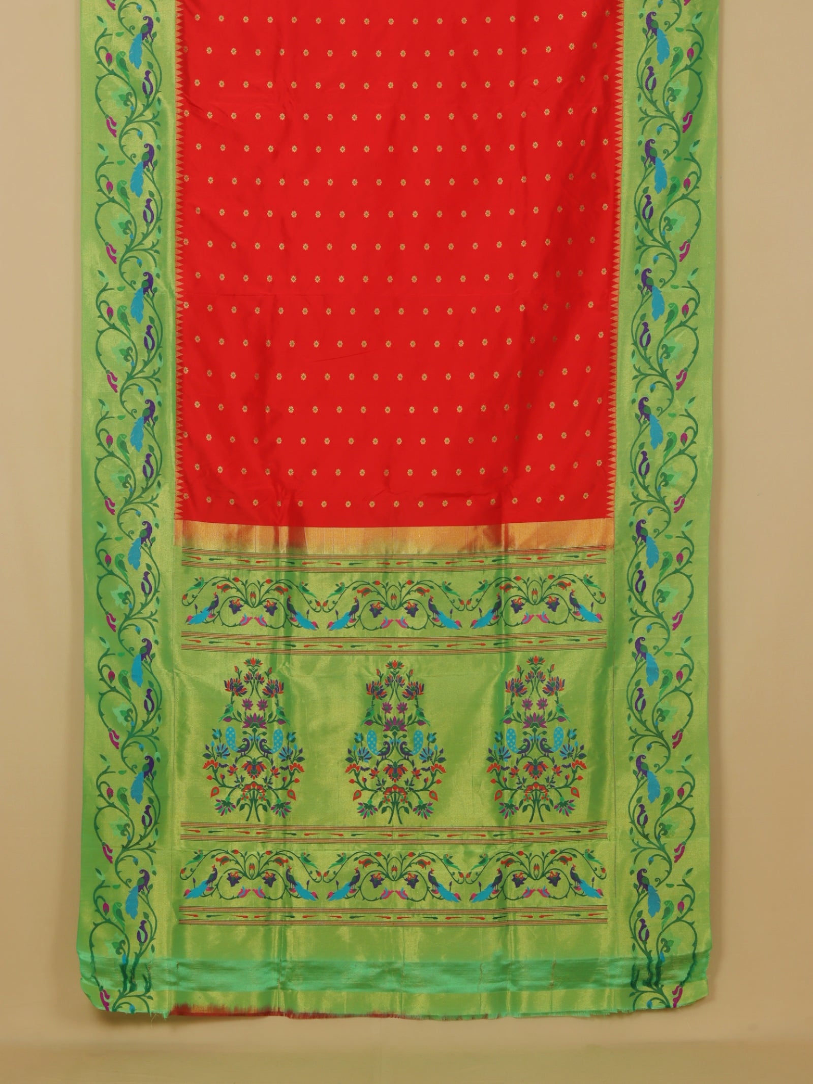 Red by green fancy border silk paithani saree