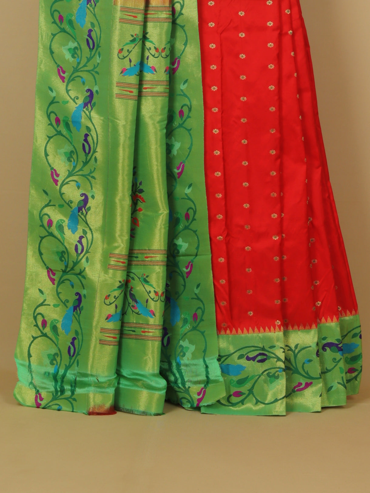 Red by green fancy border silk paithani saree