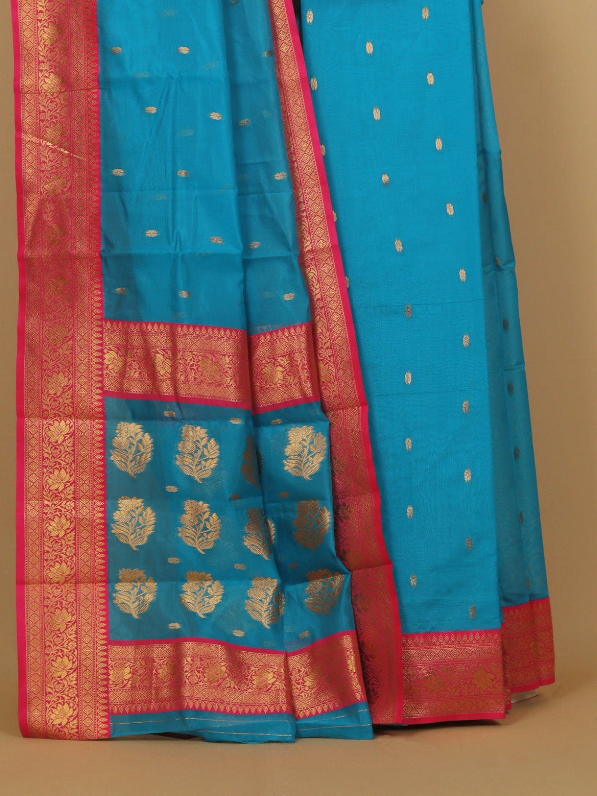 Peacock blue by rani pink semi chanderi saree
