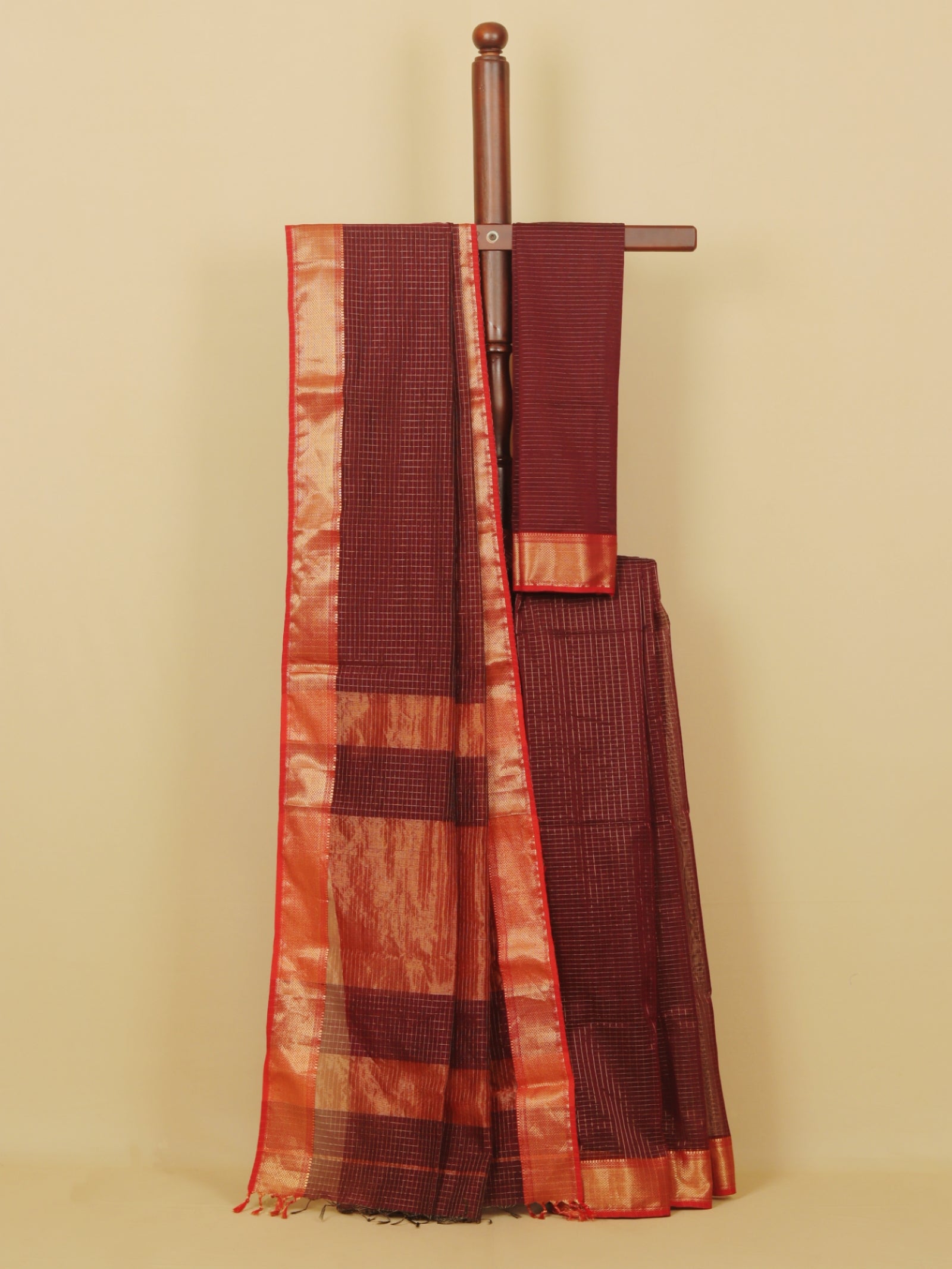 Brown zari checks premium maheshwari saree