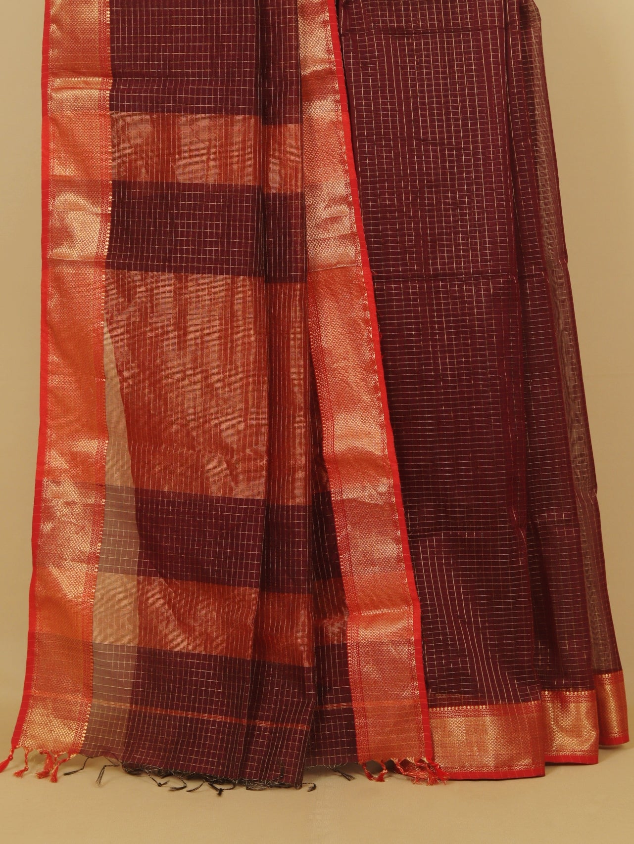 Brown zari checks premium maheshwari saree