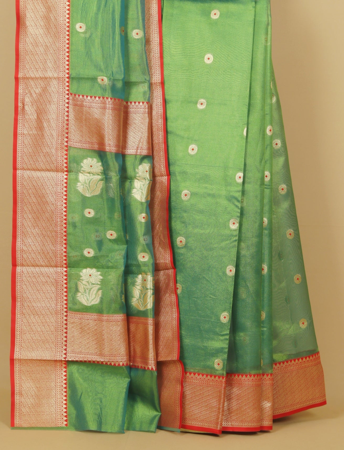 Short green by red chanderi saree