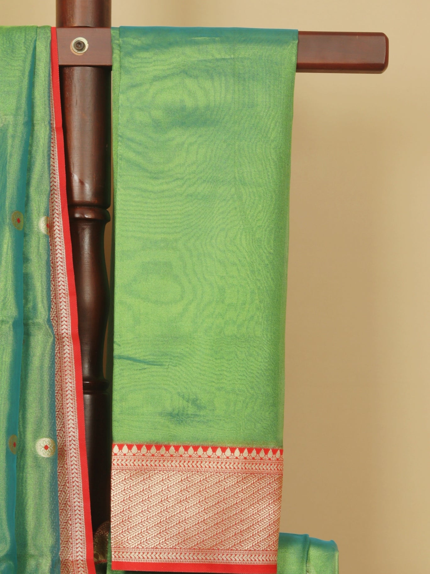 Short green by red chanderi saree
