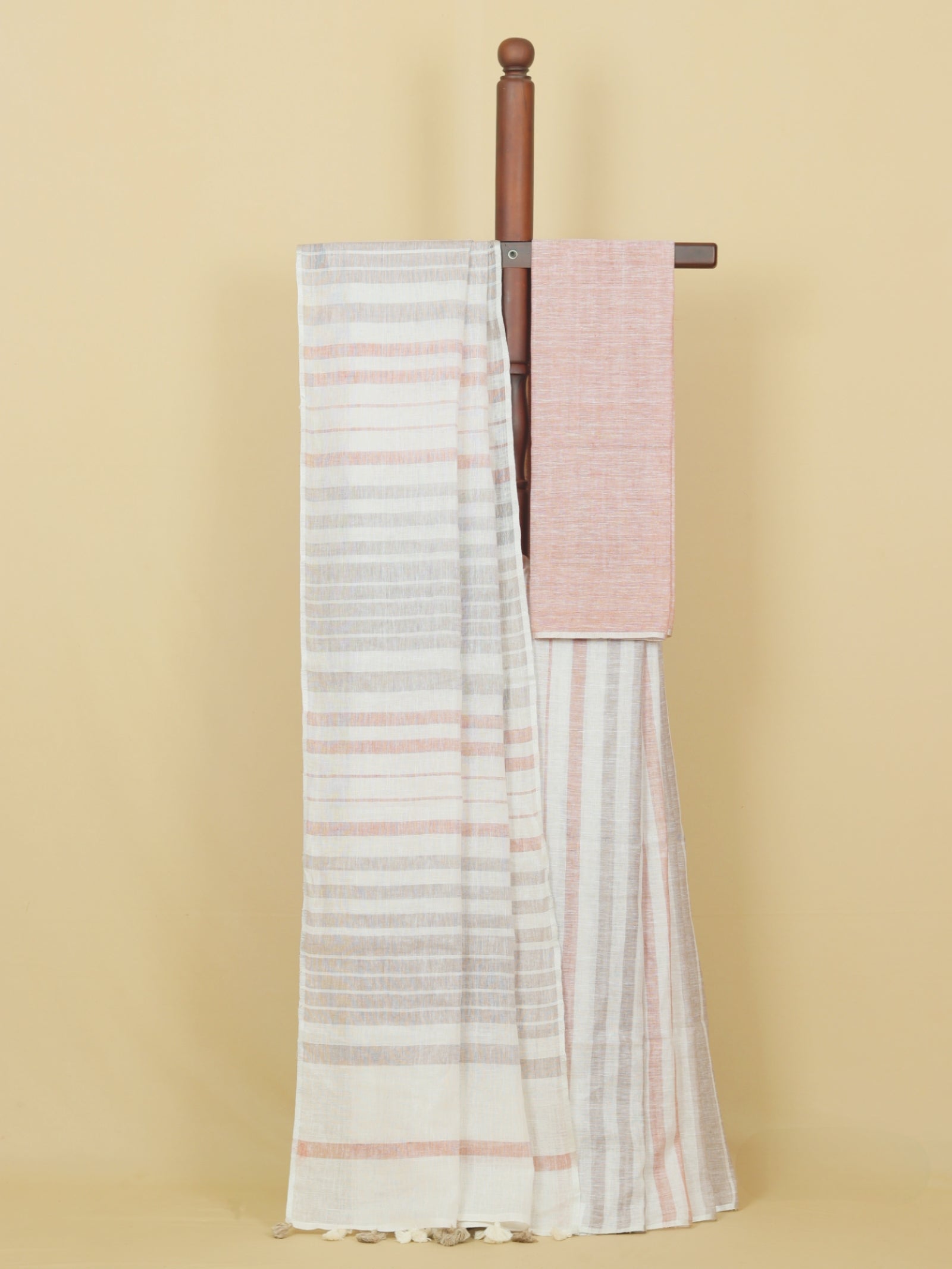 White by rust linen cotton saree