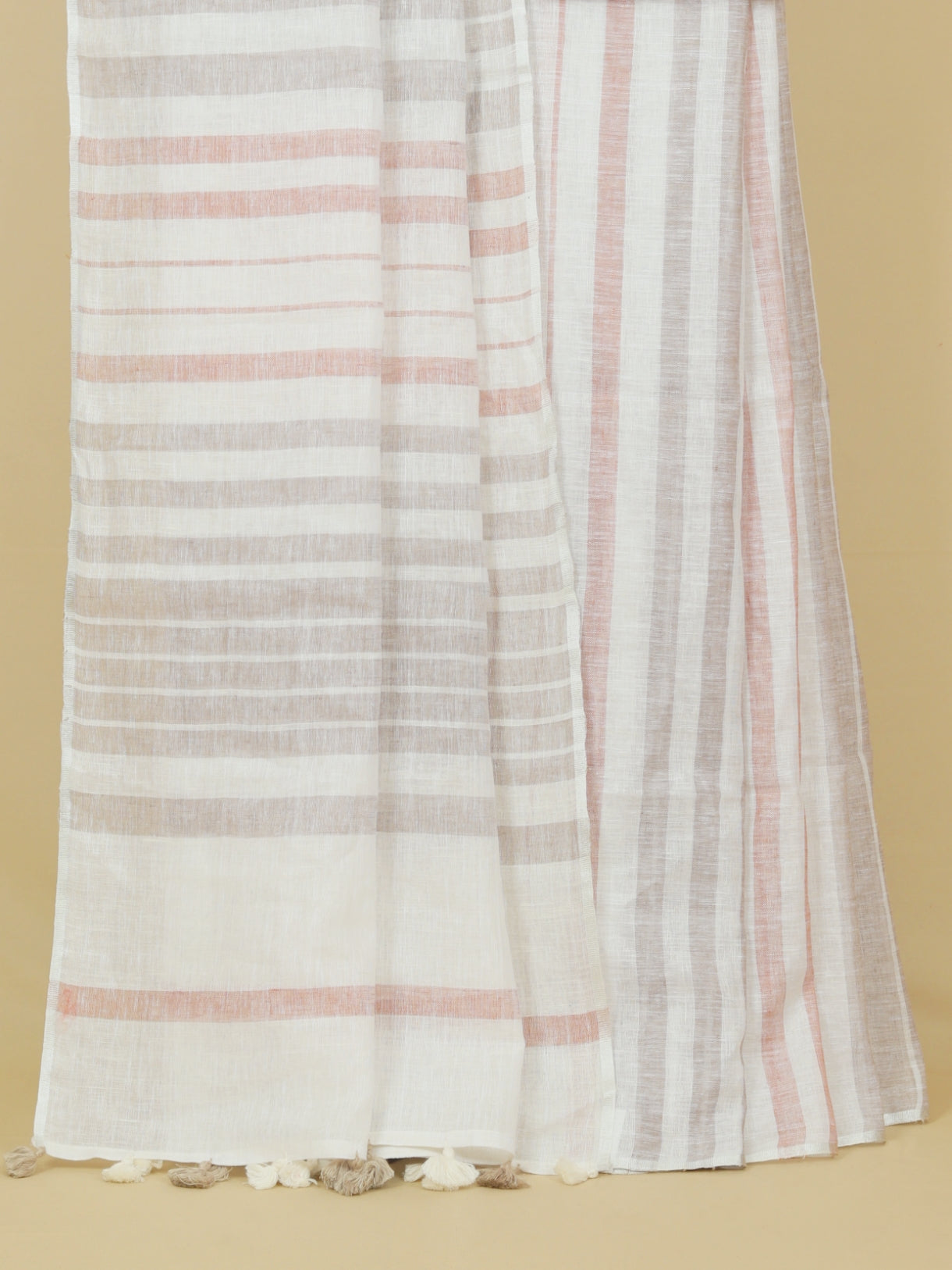 White by rust linen cotton saree