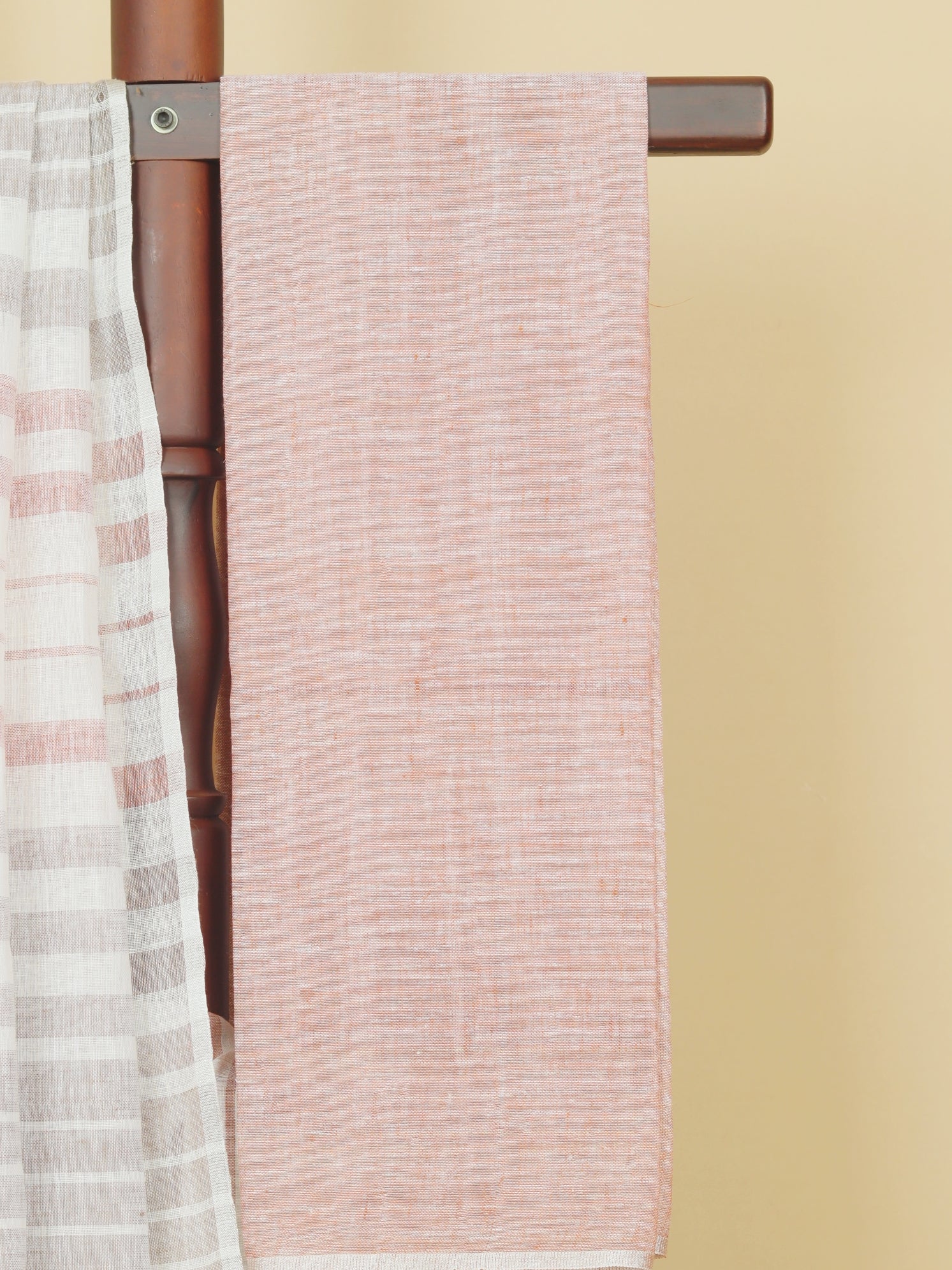 White by rust linen cotton saree