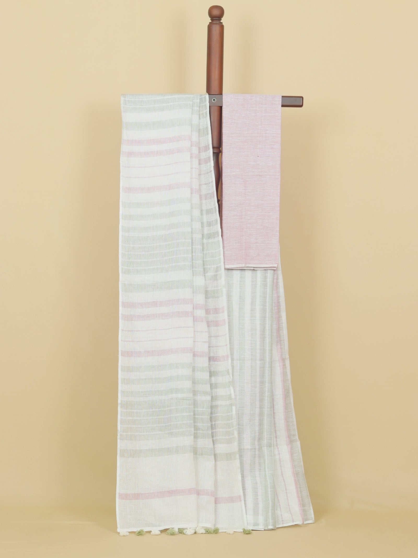 White by green linen cotton saree