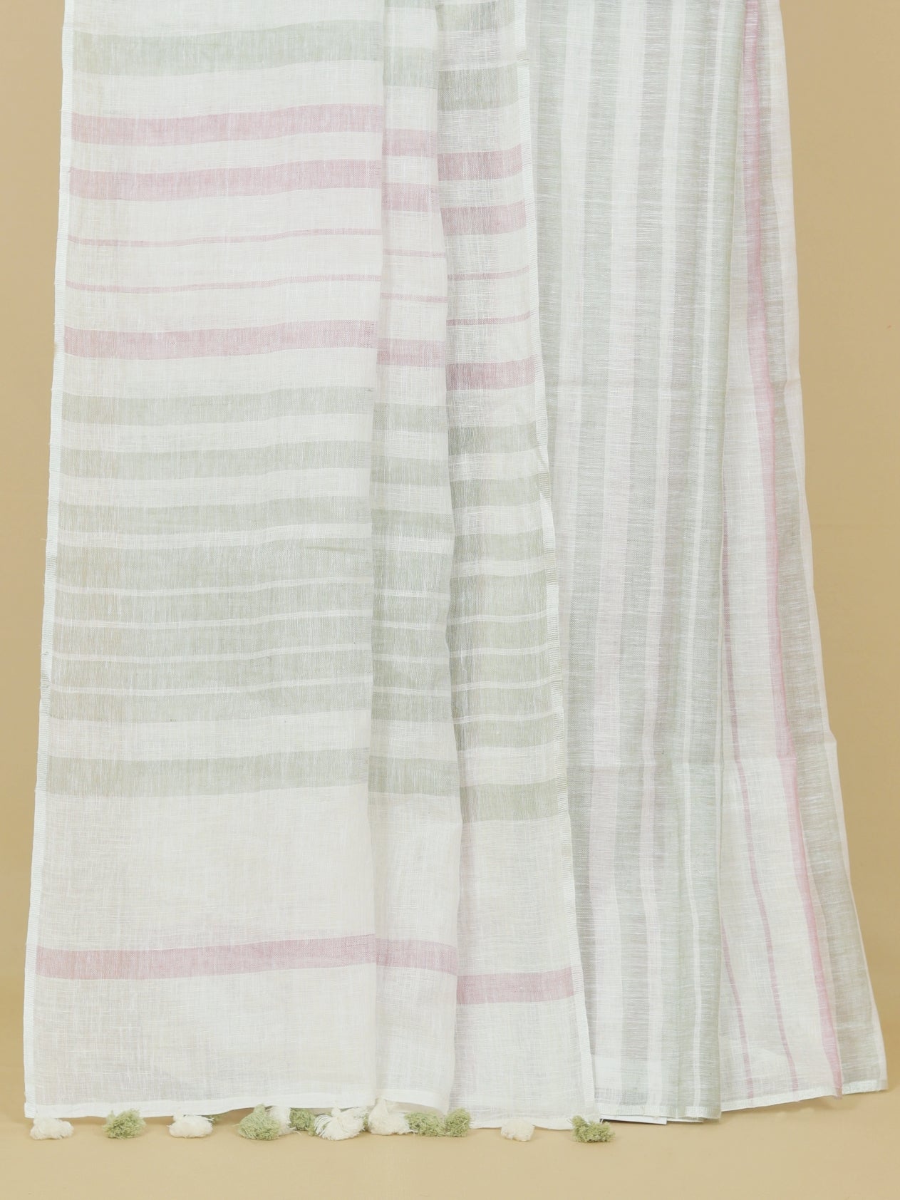 White by green linen cotton saree